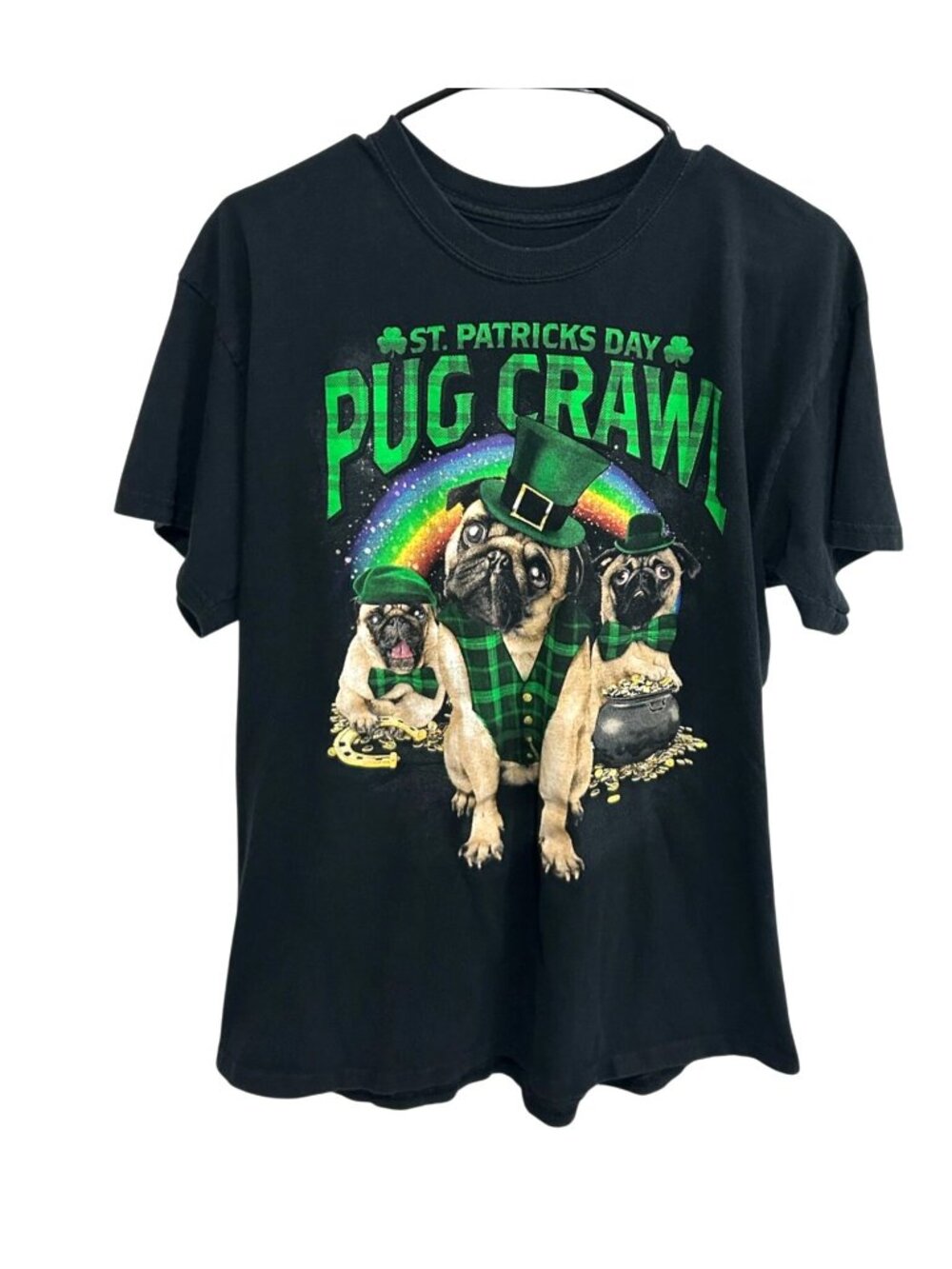 St. Patricks Day Large Pug Crawl Graphic Black T-Shirt Kitschy Nostalgia Core